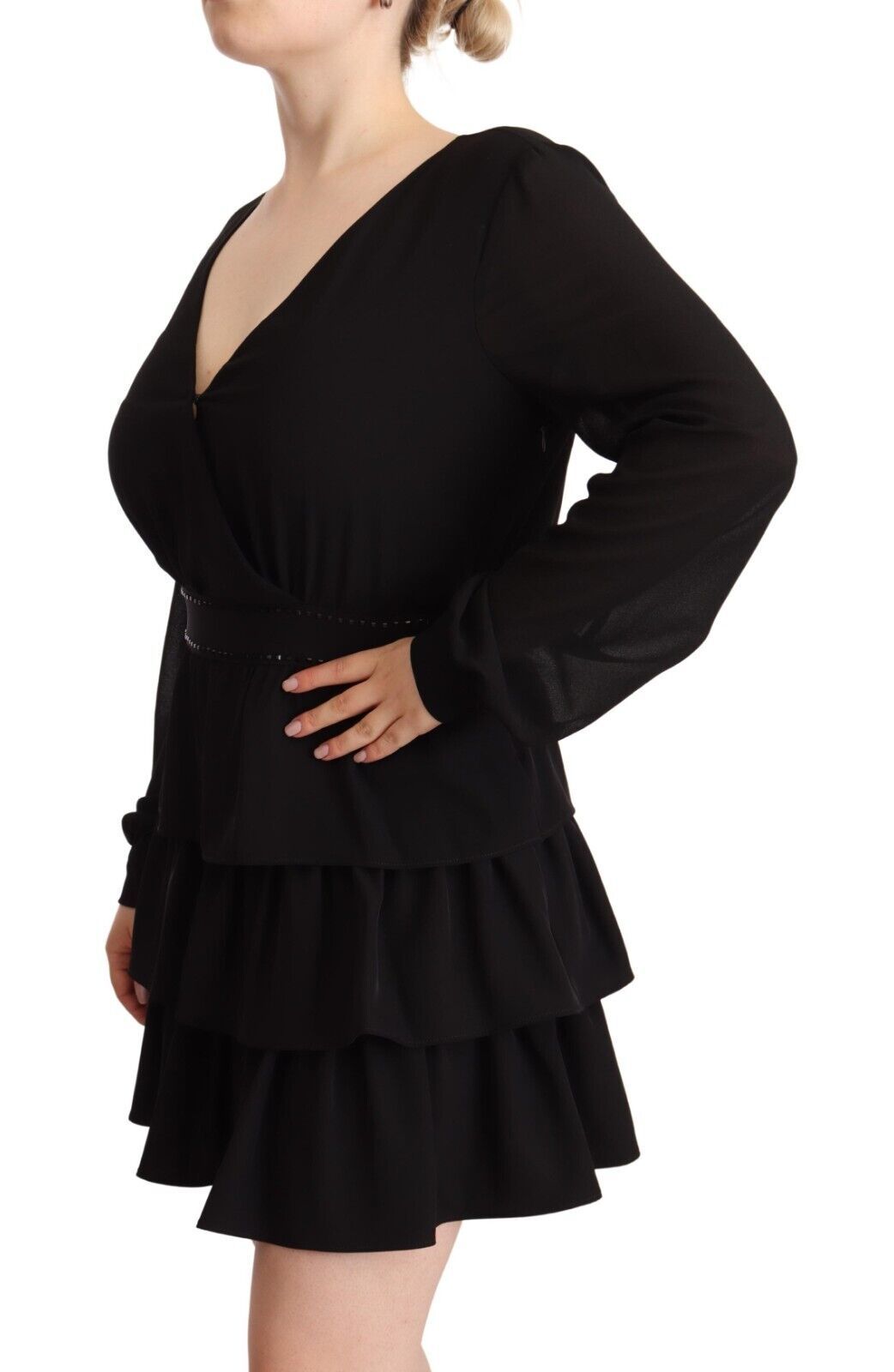 Black Polyester Long Sleeves V-neck Mini A-line Dress - ventzia