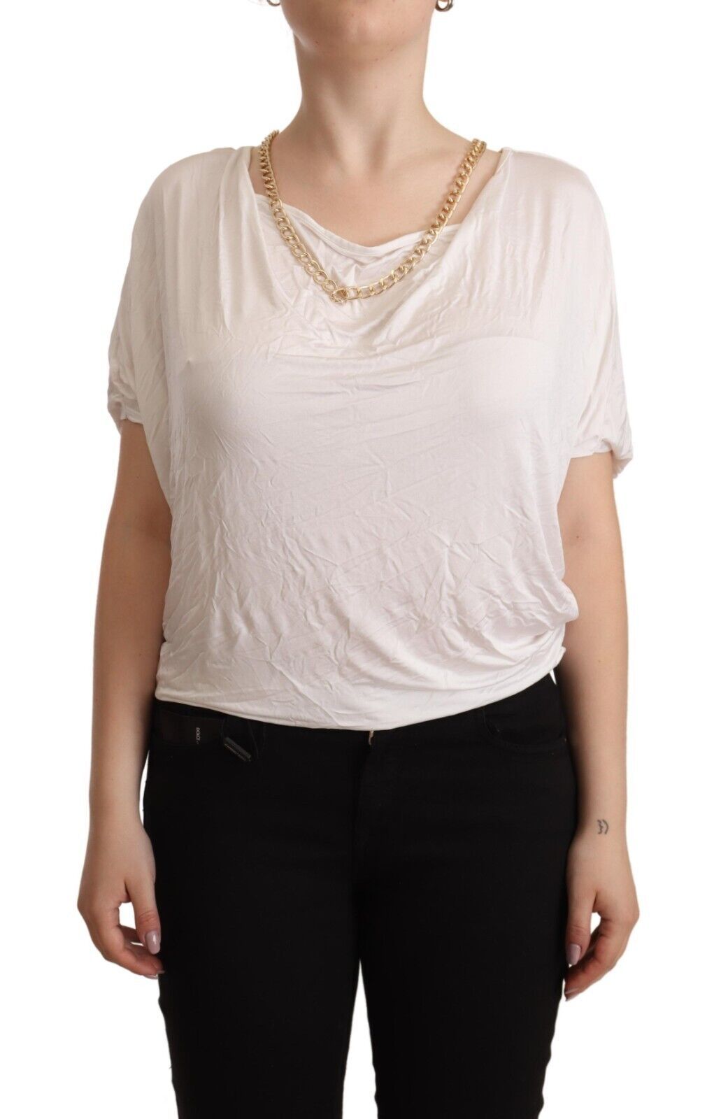 White Short Sleeves Gold Chain T-shirt Top - ventzia