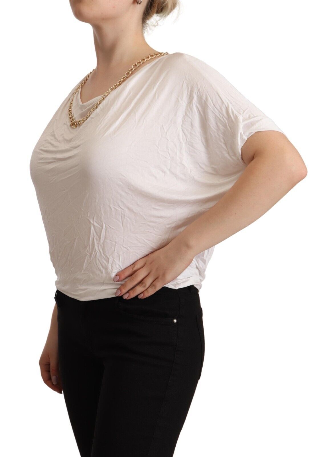 White Short Sleeves Gold Chain T-shirt Top - ventzia