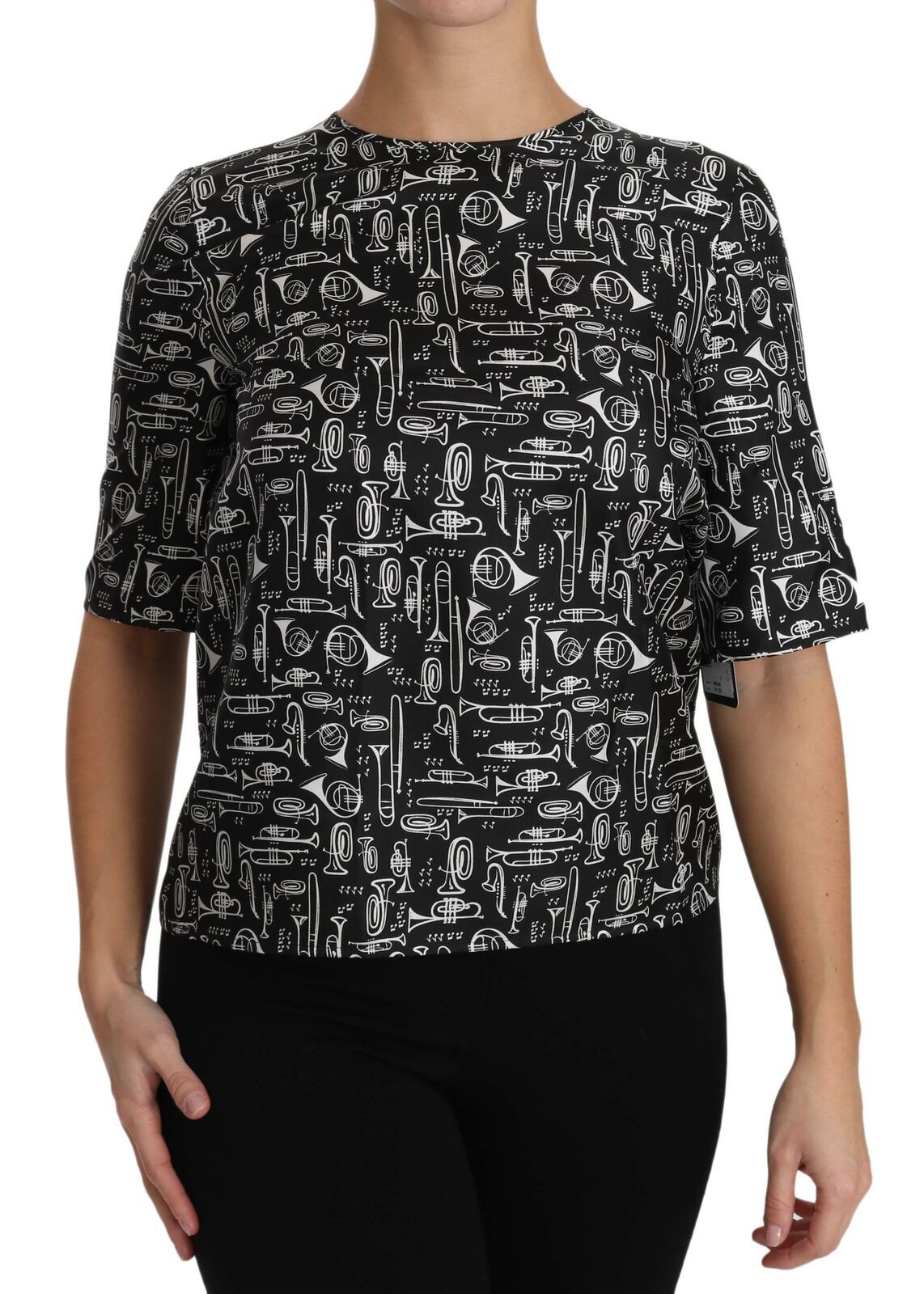 Black Musical Instruments Print Silk Blouse - ventzia