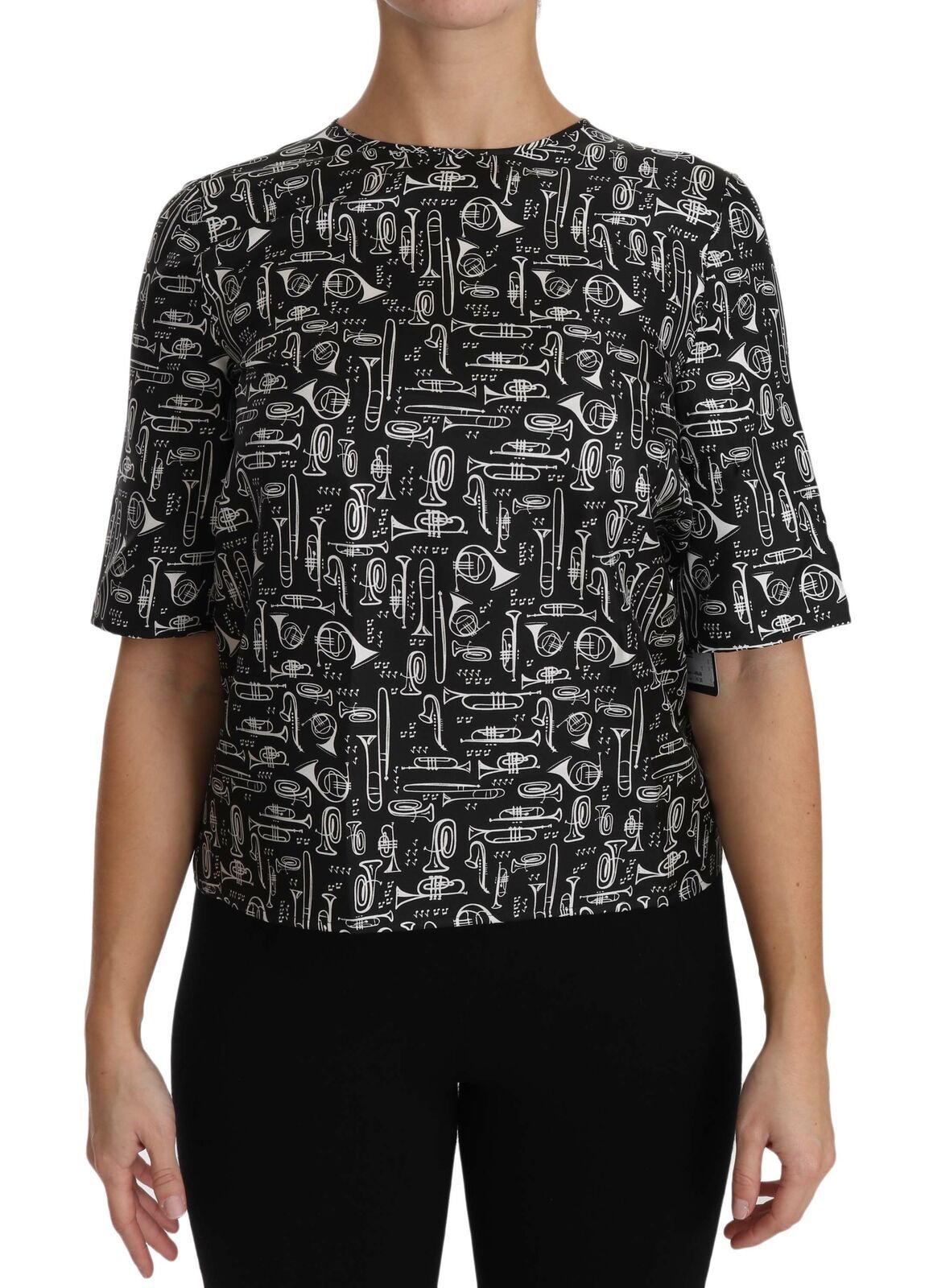 Black Musical Instruments Print Silk Blouse - ventzia
