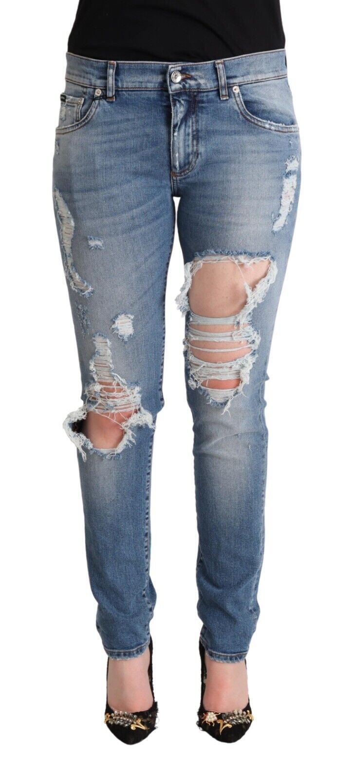 Blue Distressed Cotton Denim Skinny Jeans - ventzia