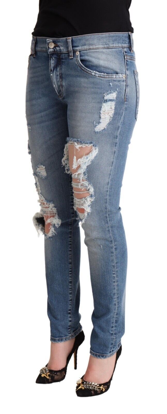 Blue Distressed Cotton Denim Skinny Jeans - ventzia
