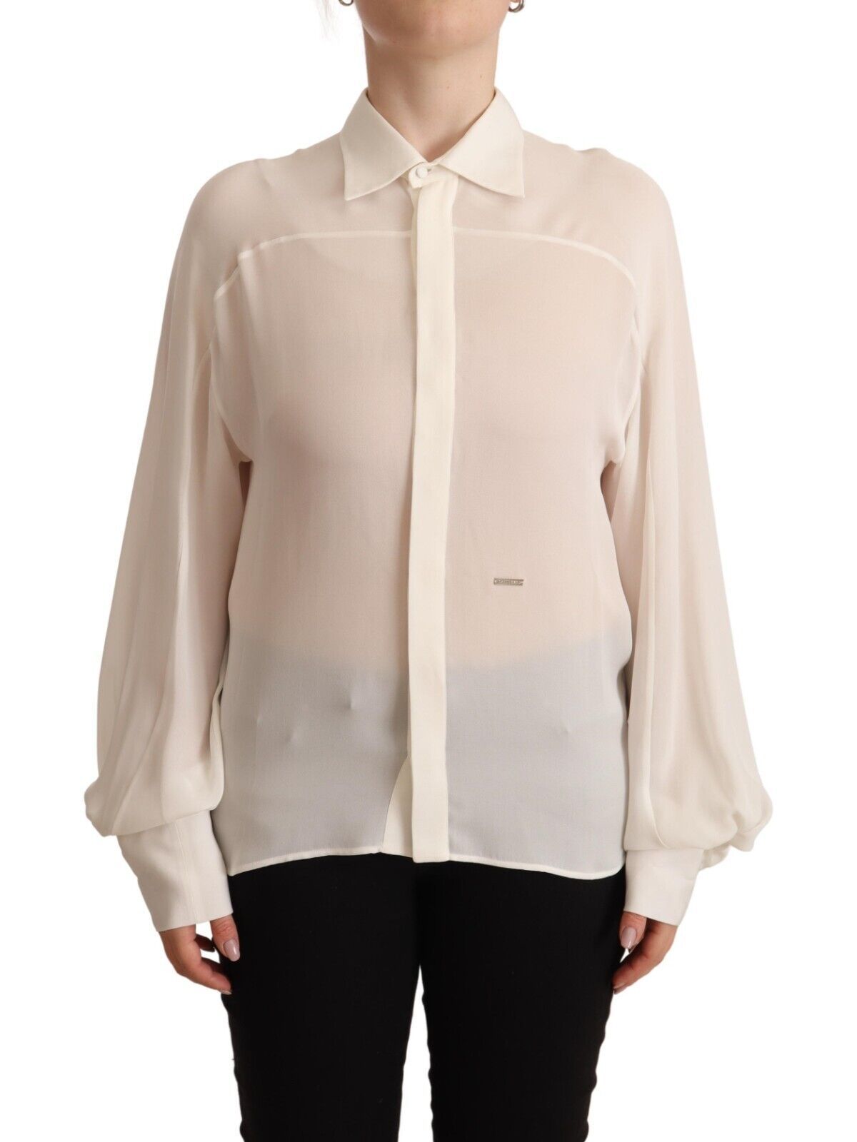 Off White Silk Long Sleeves Collared Blouse Top - ventzia