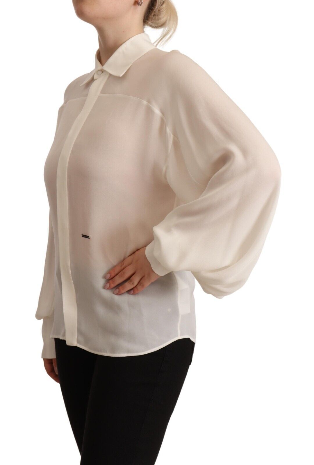 Off White Silk Long Sleeves Collared Blouse Top - ventzia