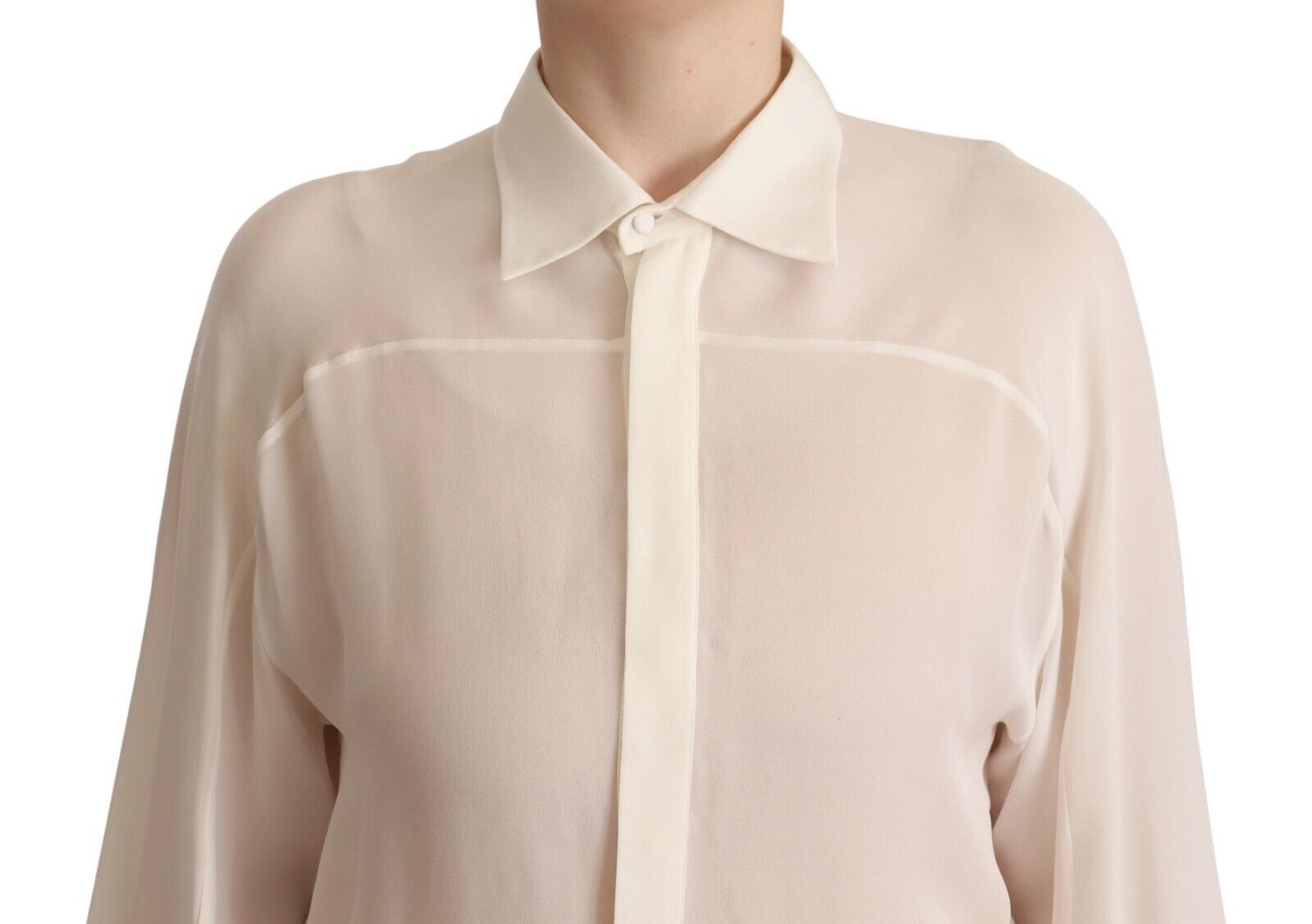 Off White Silk Long Sleeves Collared Blouse Top - ventzia