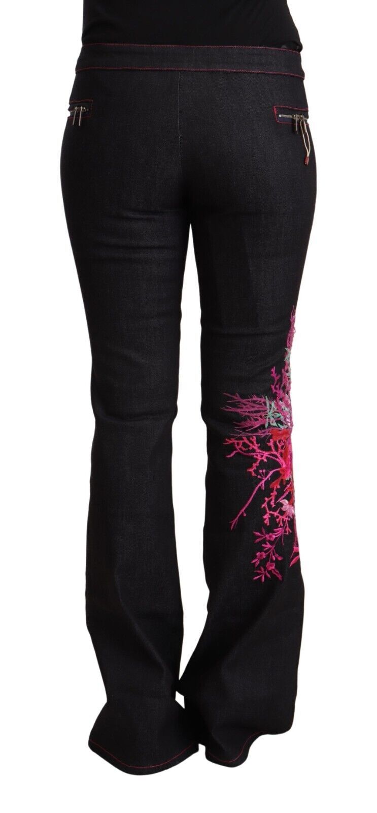 Black Cotton Stretch Mid Waist Cotton Flared Denim Jeans - ventzia