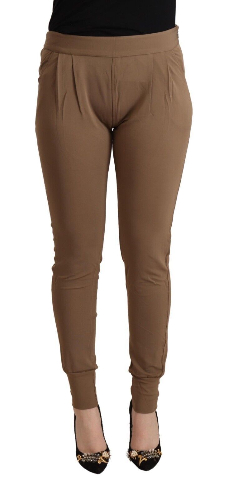 Brown Viscose Mid Waist Slim Tapered Pants - ventzia