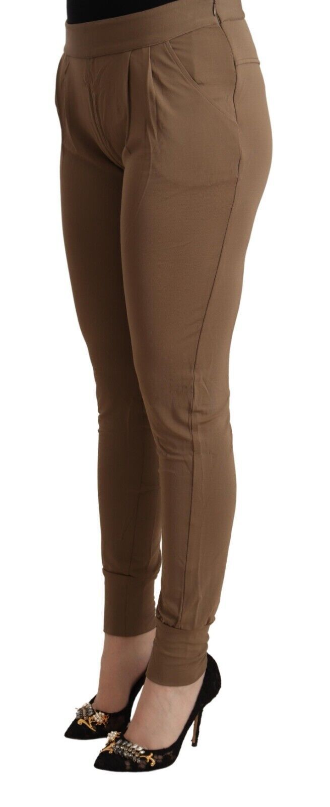 Brown Viscose Mid Waist Slim Tapered Pants - ventzia