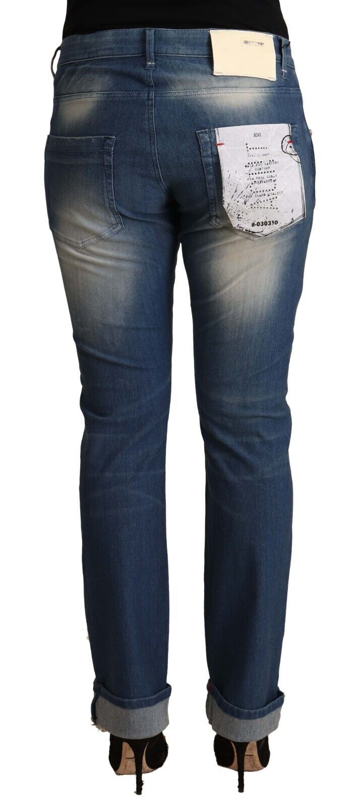 Blue Washed Mid Waist Folded Hem Skinny Jeans - ventzia