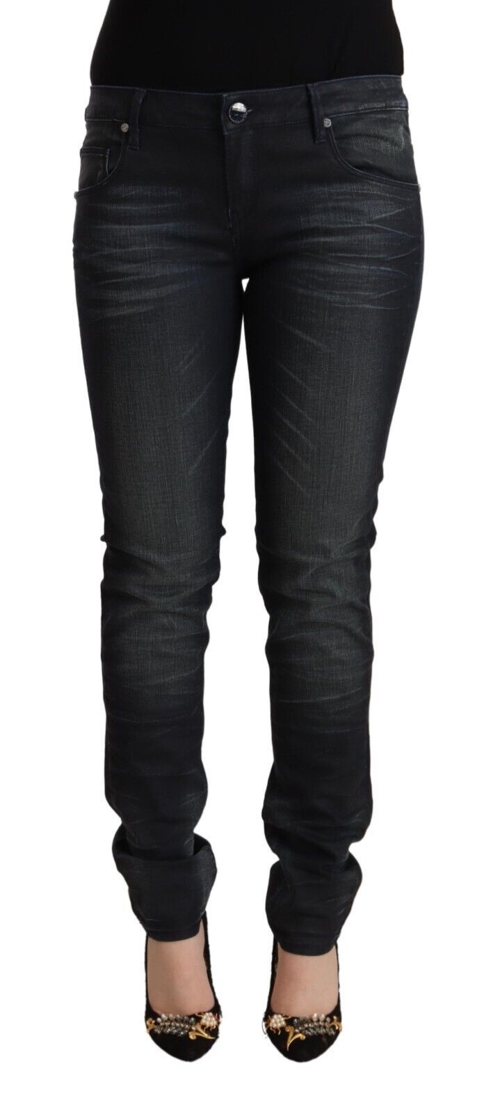 Black Washed Cotton Low Waist Slim Fit Denim Jeans - ventzia