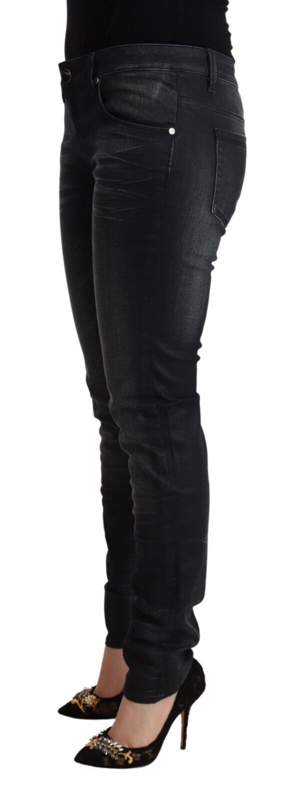 Black Washed Cotton Low Waist Slim Fit Denim Jeans - ventzia