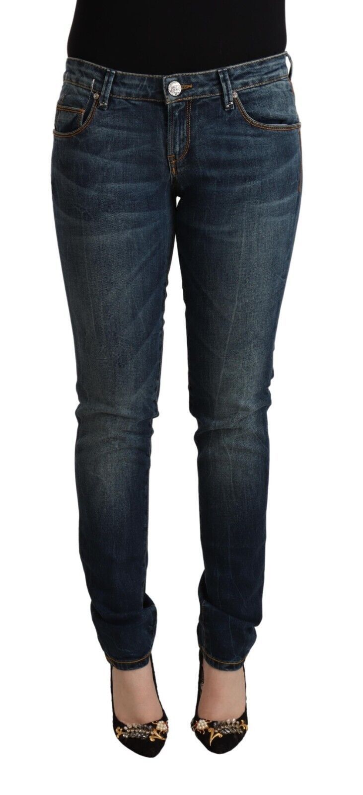 Blue Washed Cotton Low Waist Slim Fit Denim Jeans - ventzia