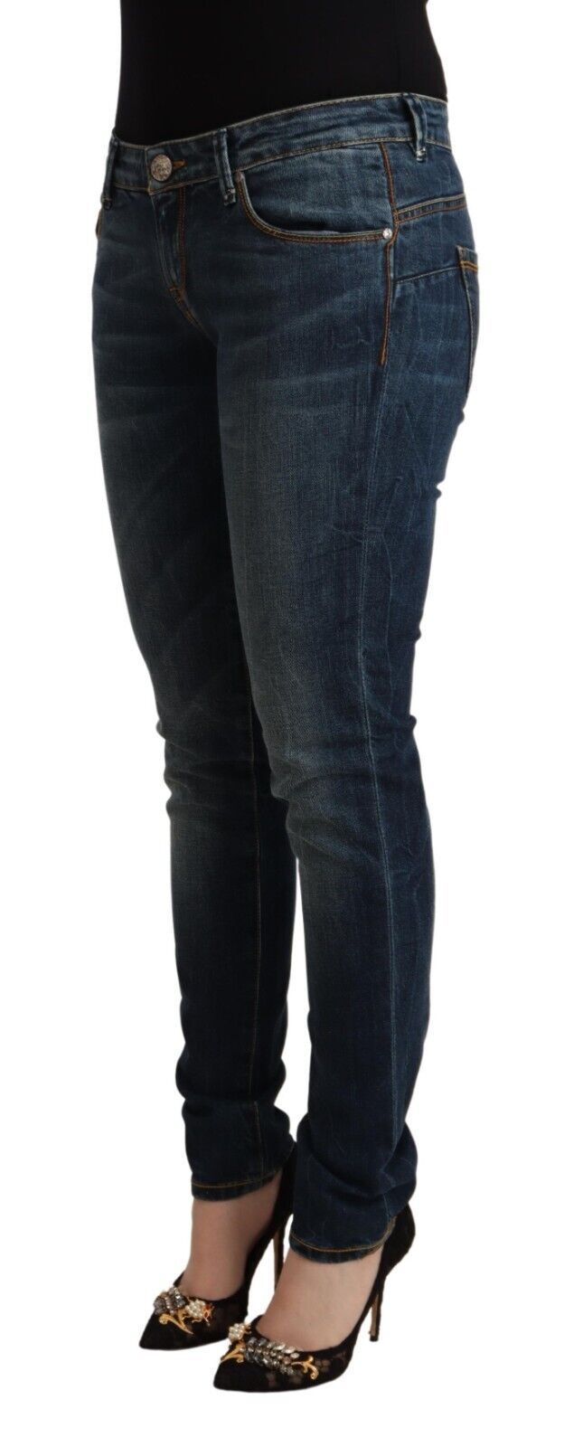 Blue Washed Cotton Low Waist Slim Fit Denim Jeans - ventzia