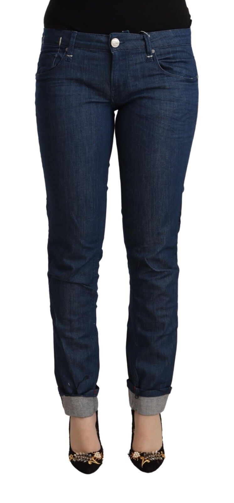 Blue Cotton Low Waist Skinny Denim Folded Hem Jeans - ventzia