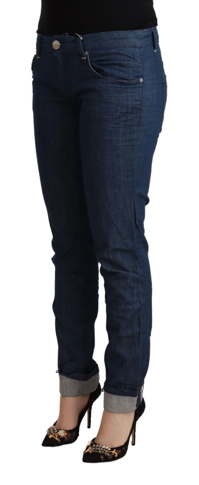 Blue Cotton Low Waist Skinny Denim Folded Hem Jeans - ventzia