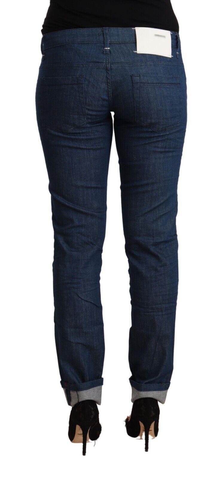 Blue Cotton Low Waist Skinny Denim Folded Hem Jeans - ventzia