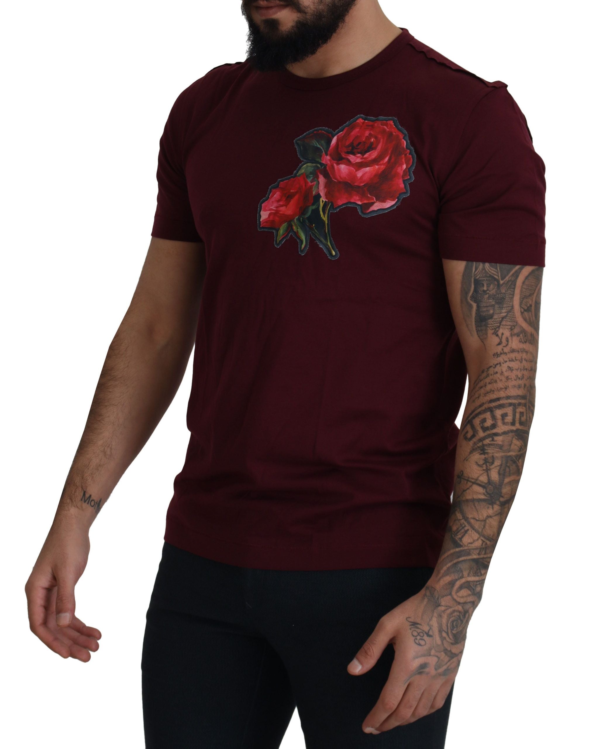 Bordeaux Roses Cotton Crewneck T-shirt - ventzia