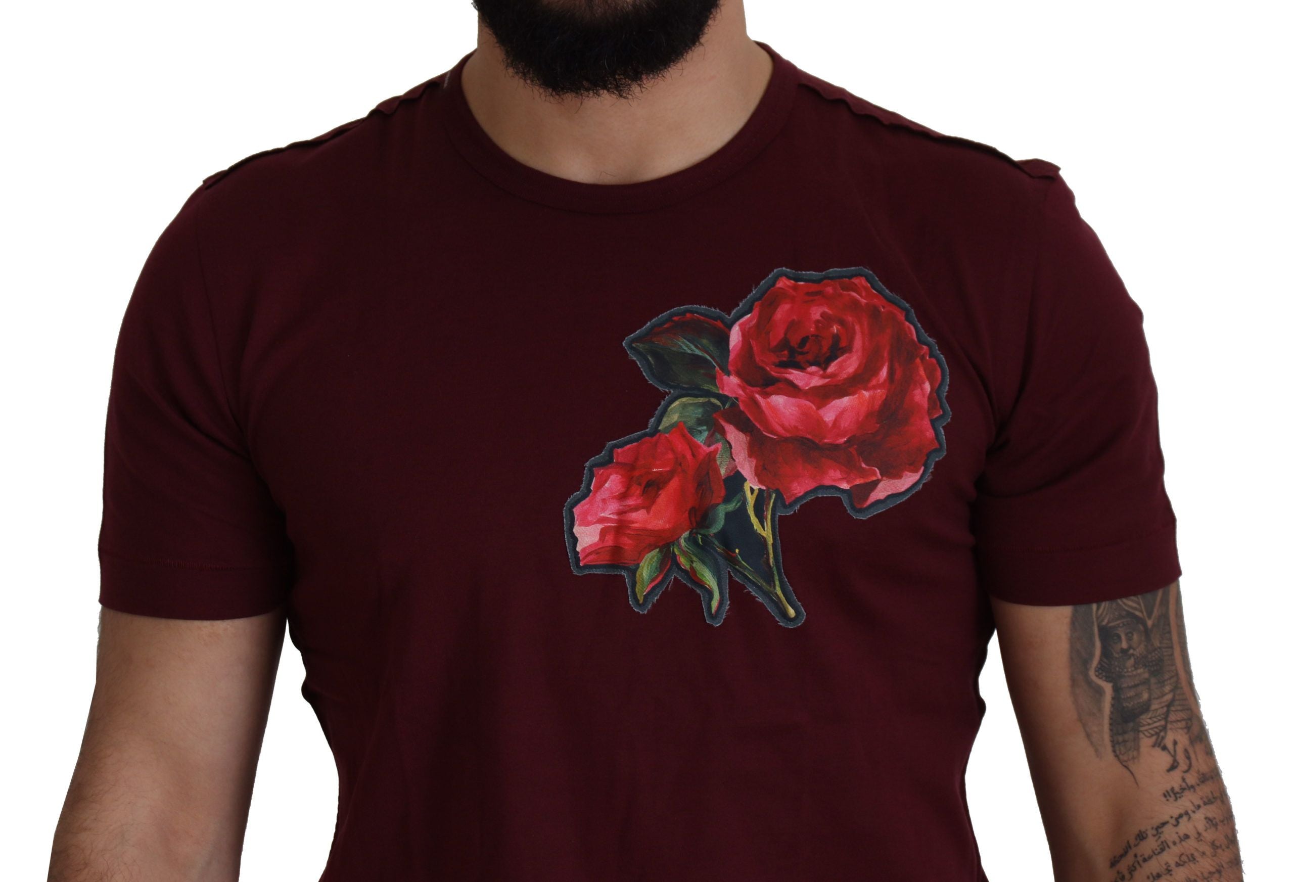 Bordeaux Roses Cotton Crewneck T-shirt - ventzia