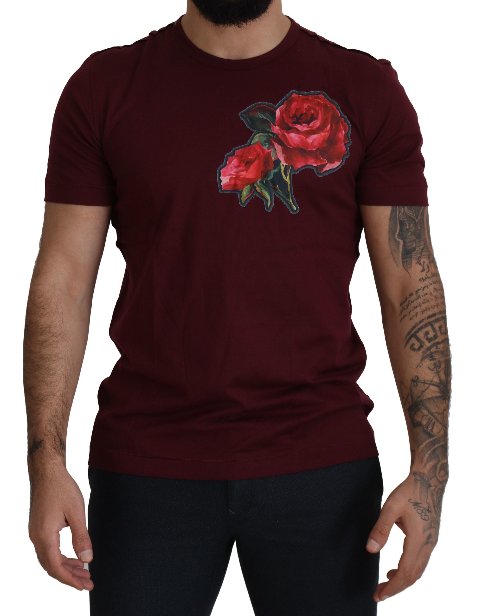 Bordeaux Roses Cotton Crewneck T-shirt - ventzia