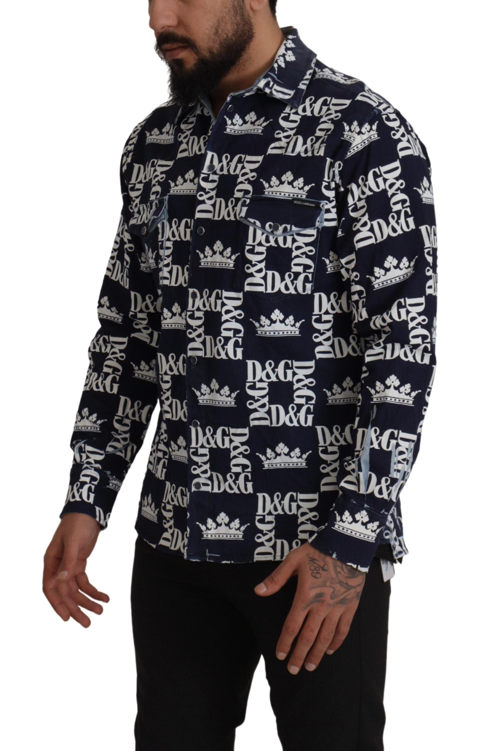 Blue Denim Stretch DG Crown Logo Casual Shirt - ventzia