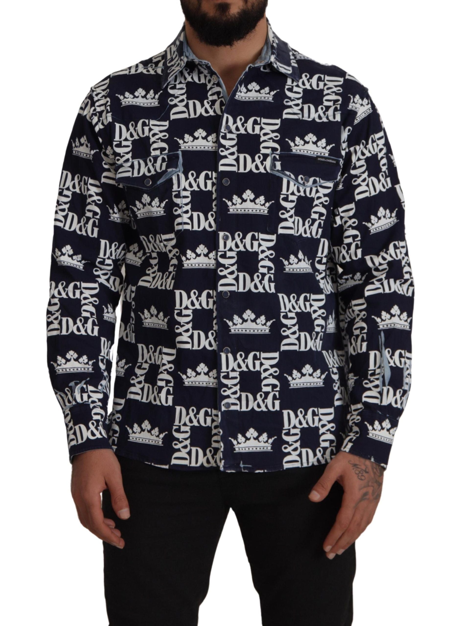 Blue Denim Stretch DG Crown Logo Casual Shirt - ventzia