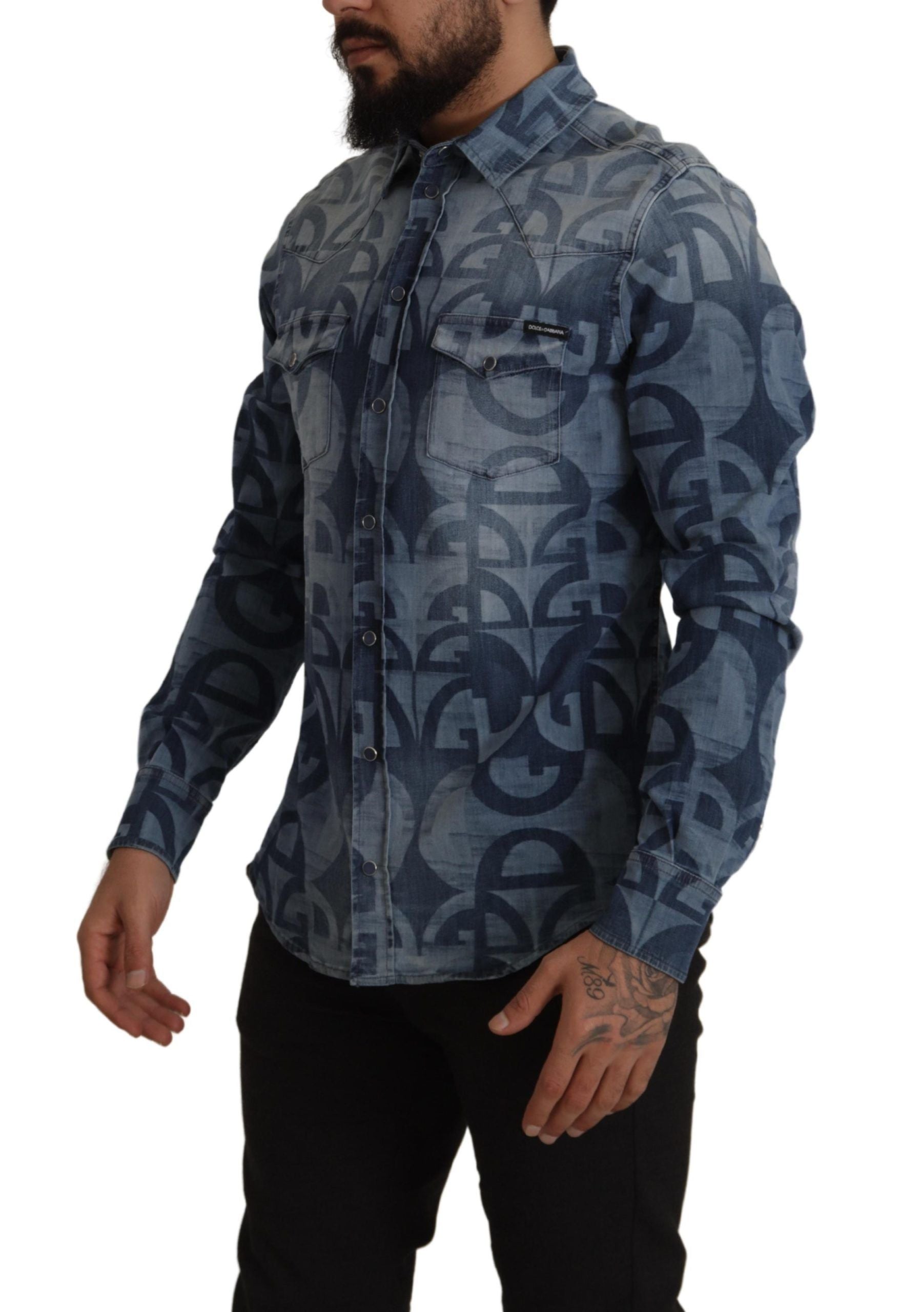 Blue Denim Stretch DG Logo Casual Mens Slim Shirt - ventzia