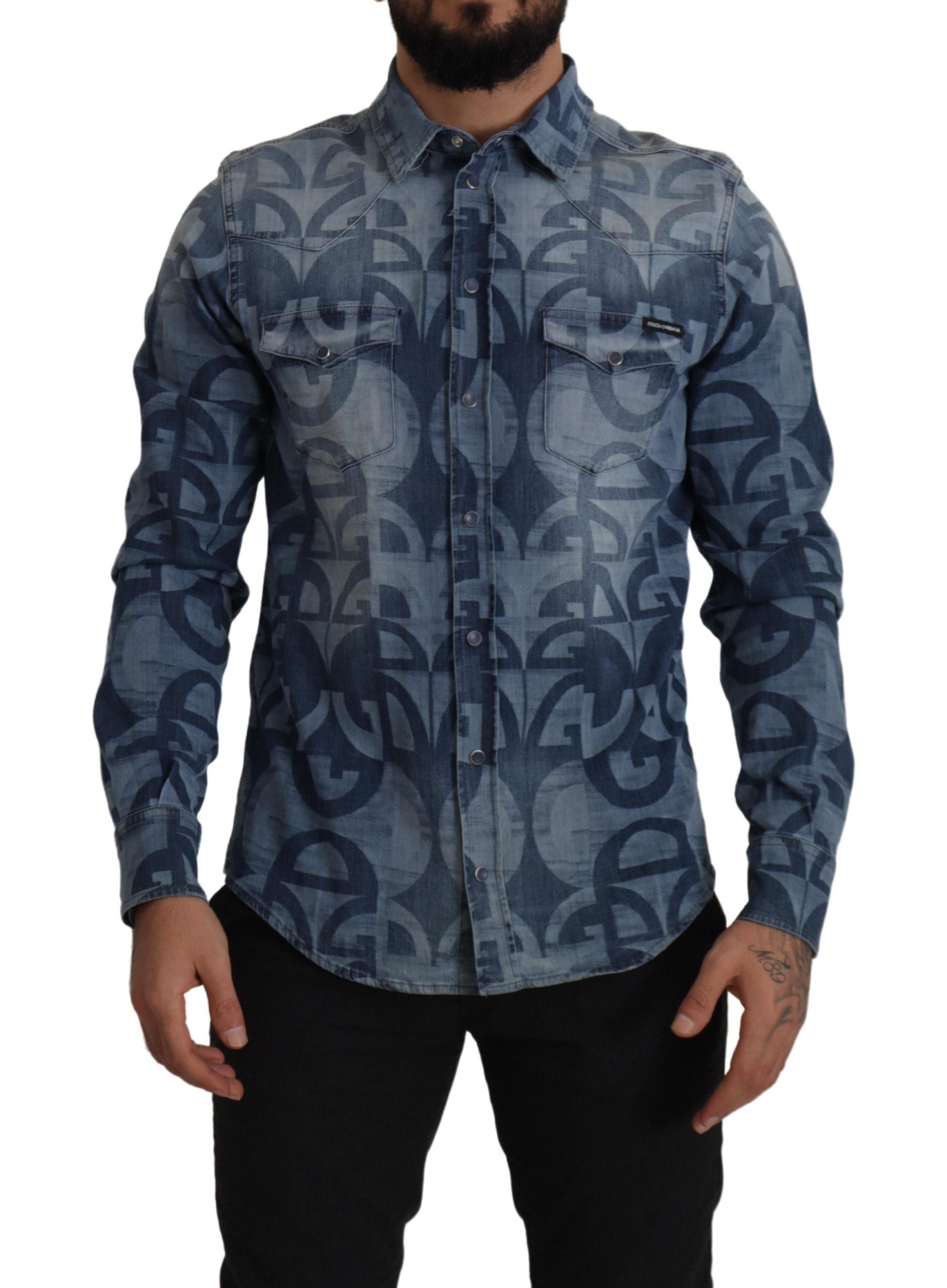Blue Denim Stretch DG Logo Casual Mens Slim Shirt - ventzia