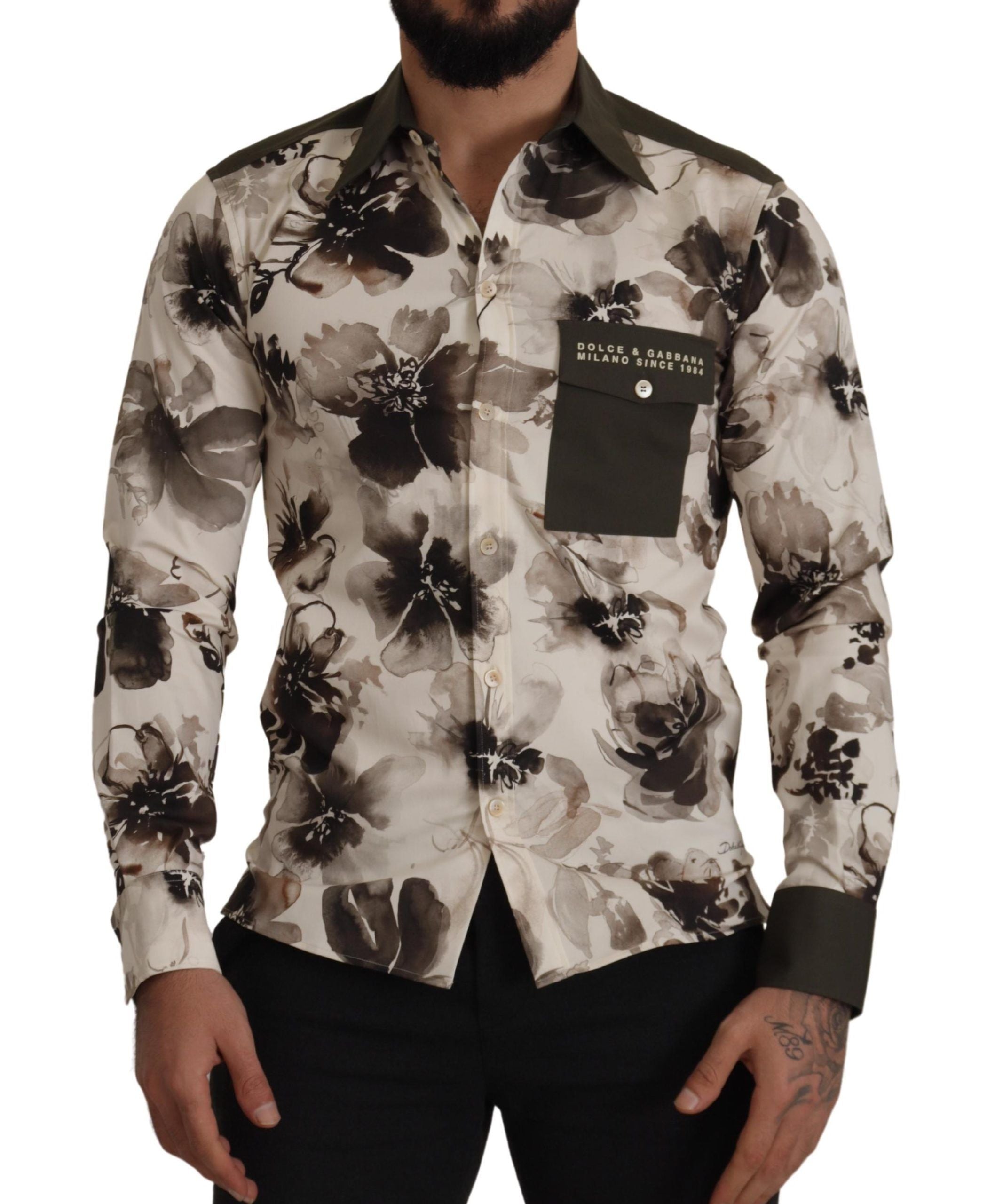 Green Beige Floral Cotton Stretch Exclusive Shirt - ventzia