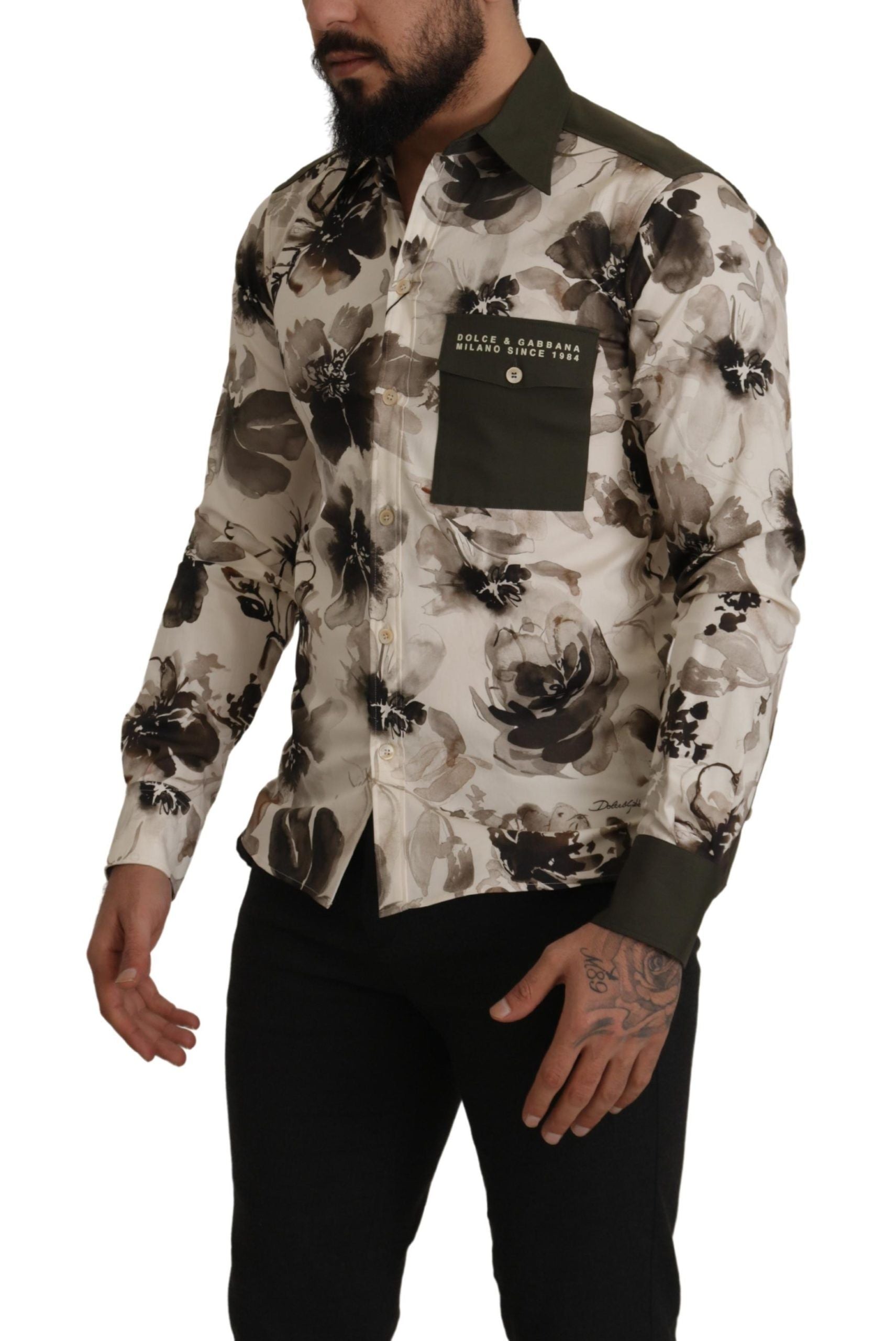 Green Beige Floral Cotton Stretch Exclusive Shirt - ventzia