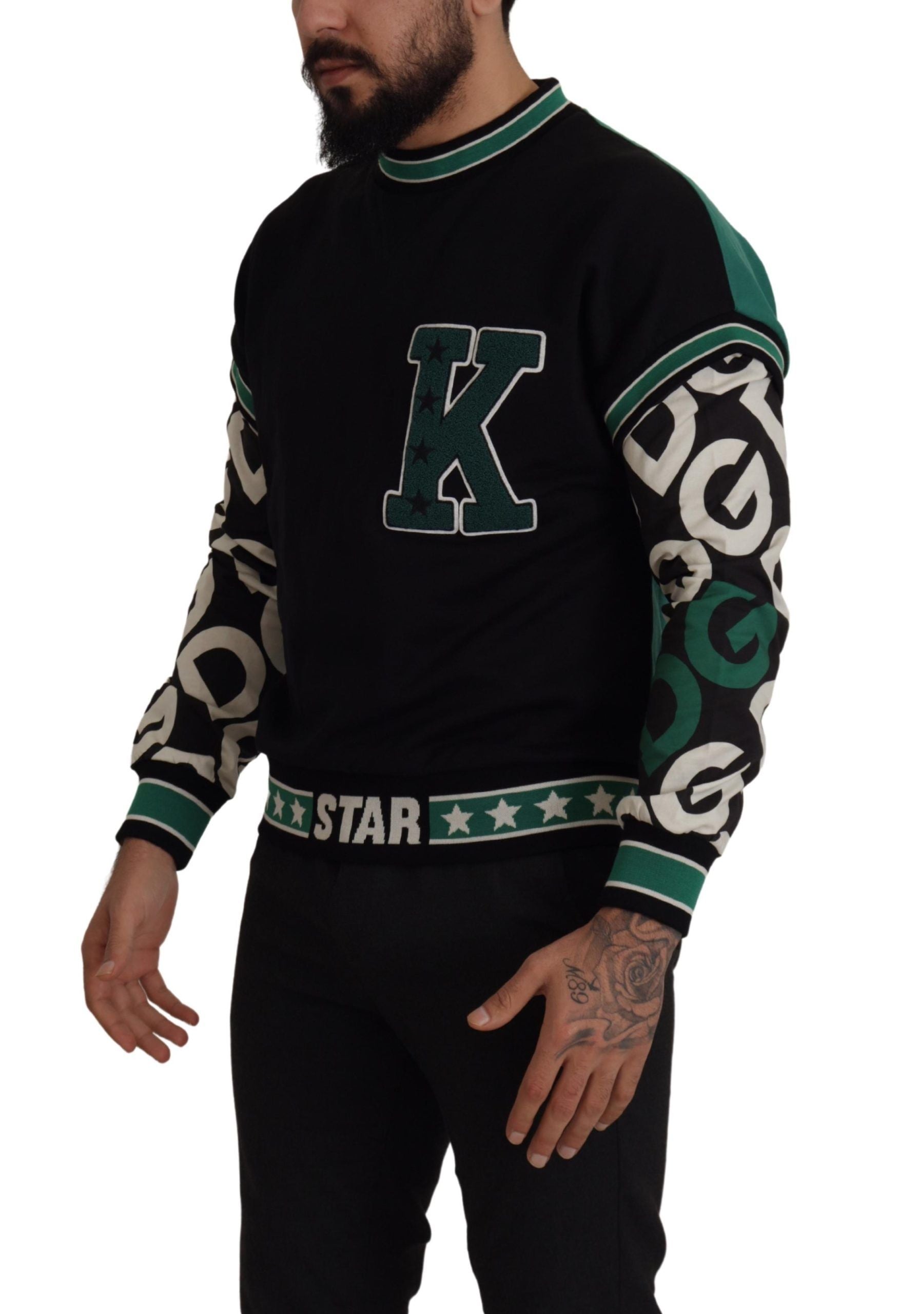 Black Green Cotton KING Star Crewneck Pullover Sweater - ventzia