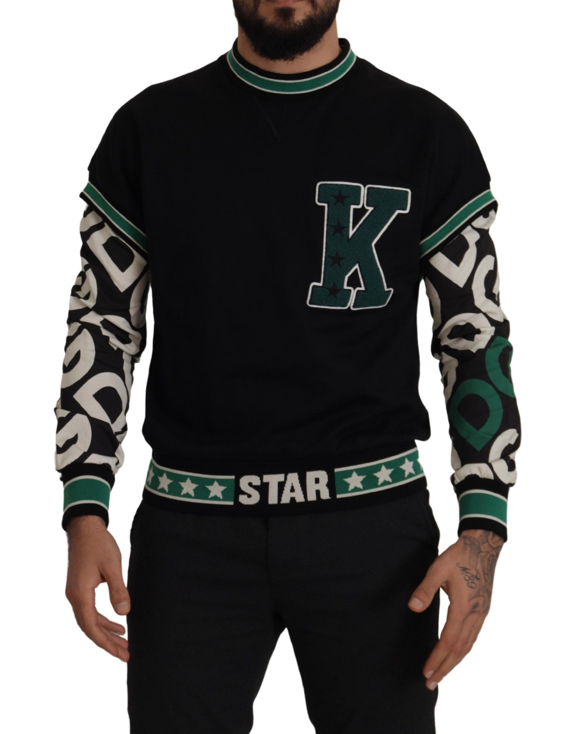 Black Green Cotton KING Star Crewneck Pullover Sweater - ventzia