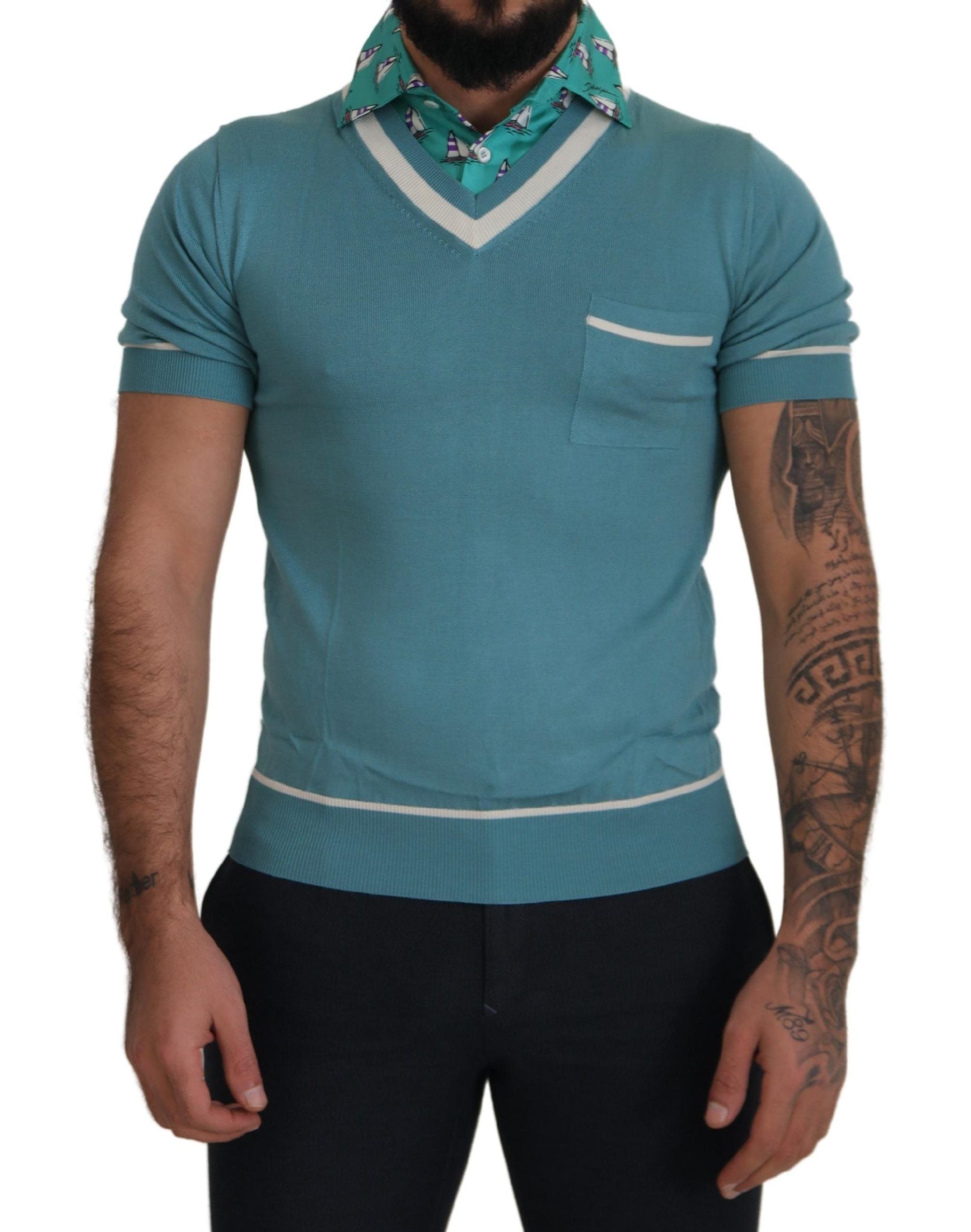 Blue Silk Polo Top Mens V-neck  T-shirt - ventzia