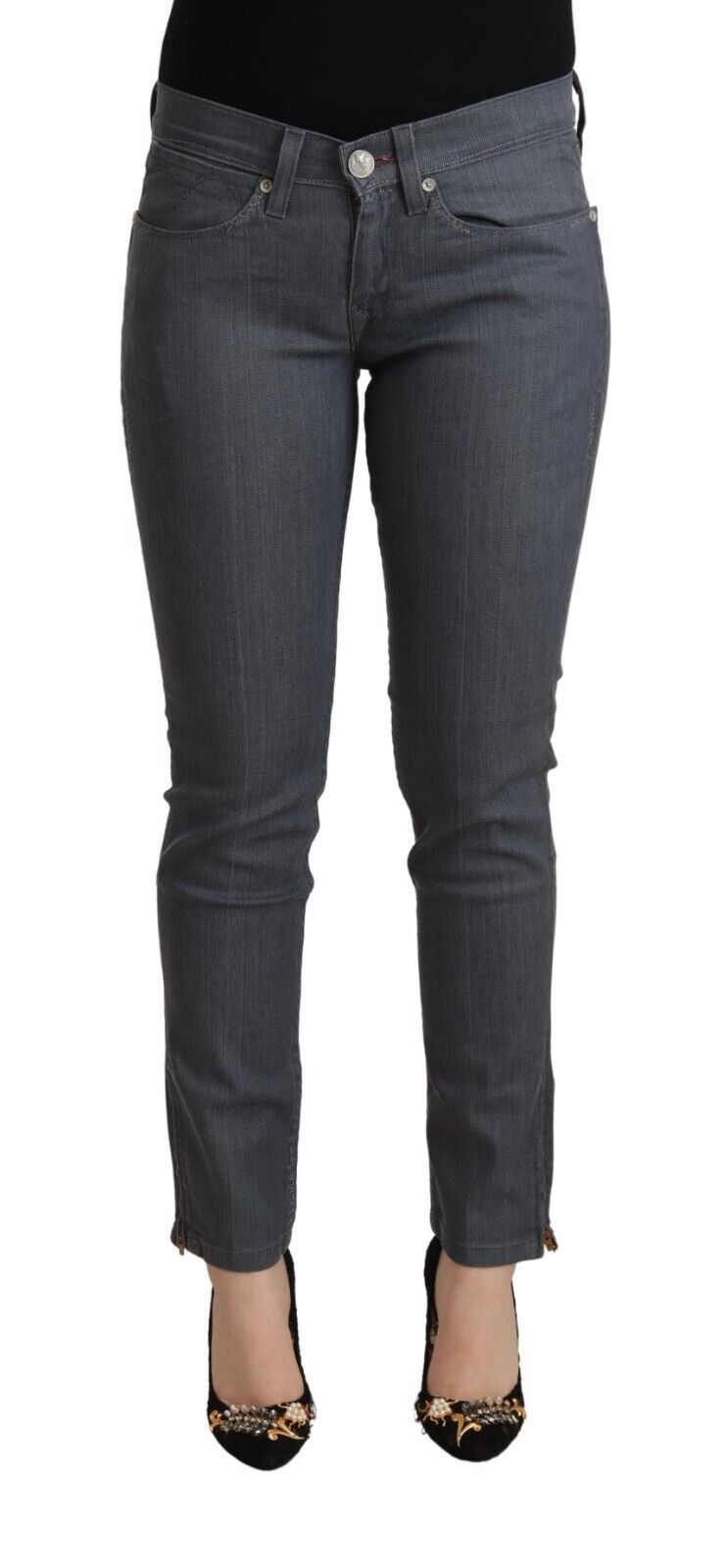 Gray Cotton Low Waist Skinny Denim Jeans - ventzia