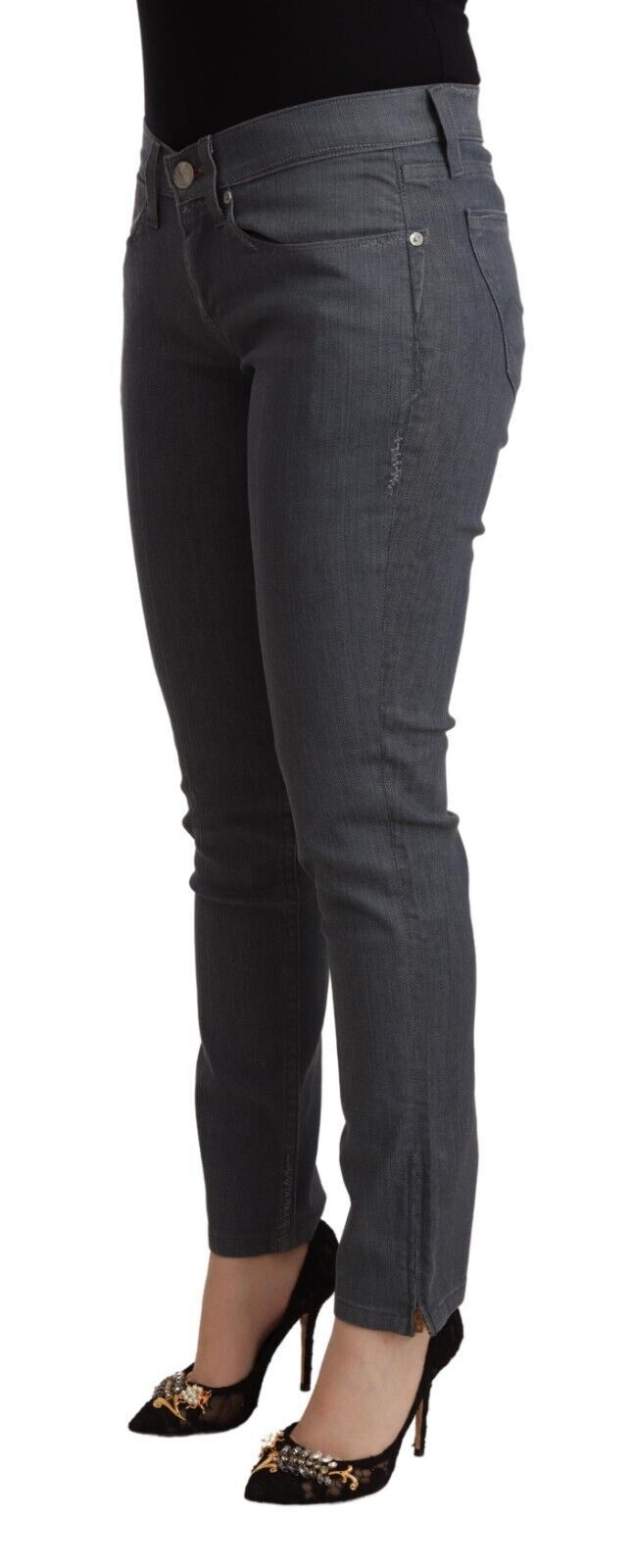 Gray Cotton Low Waist Skinny Denim Jeans - ventzia