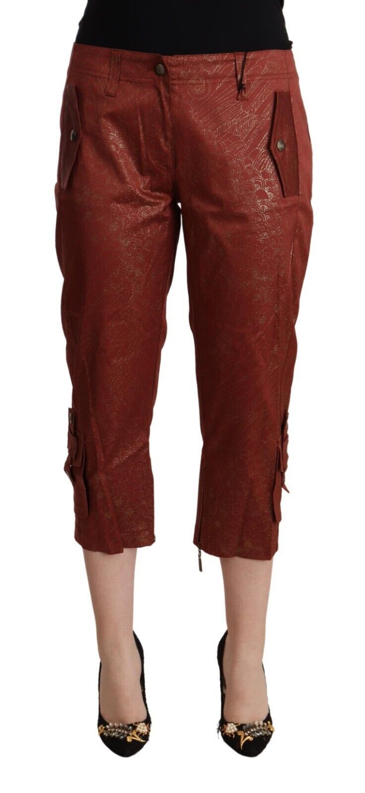 Brown Lurex Mid Waist Cotton Cropped Capri Pants - ventzia