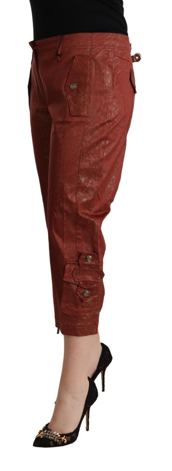 Brown Lurex Mid Waist Cotton Cropped Capri Pants - ventzia