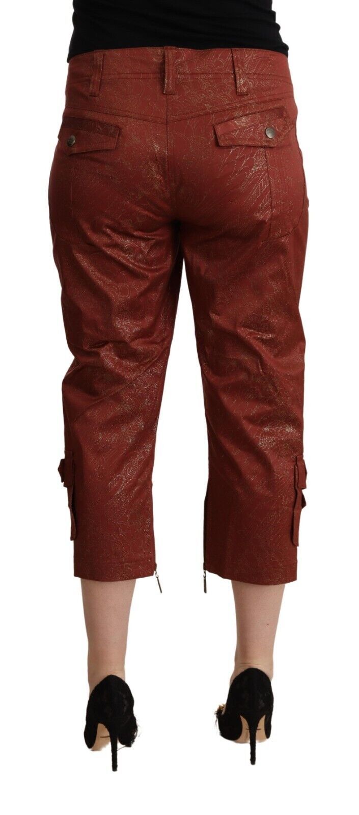 Brown Lurex Mid Waist Cotton Cropped Capri Pants - ventzia