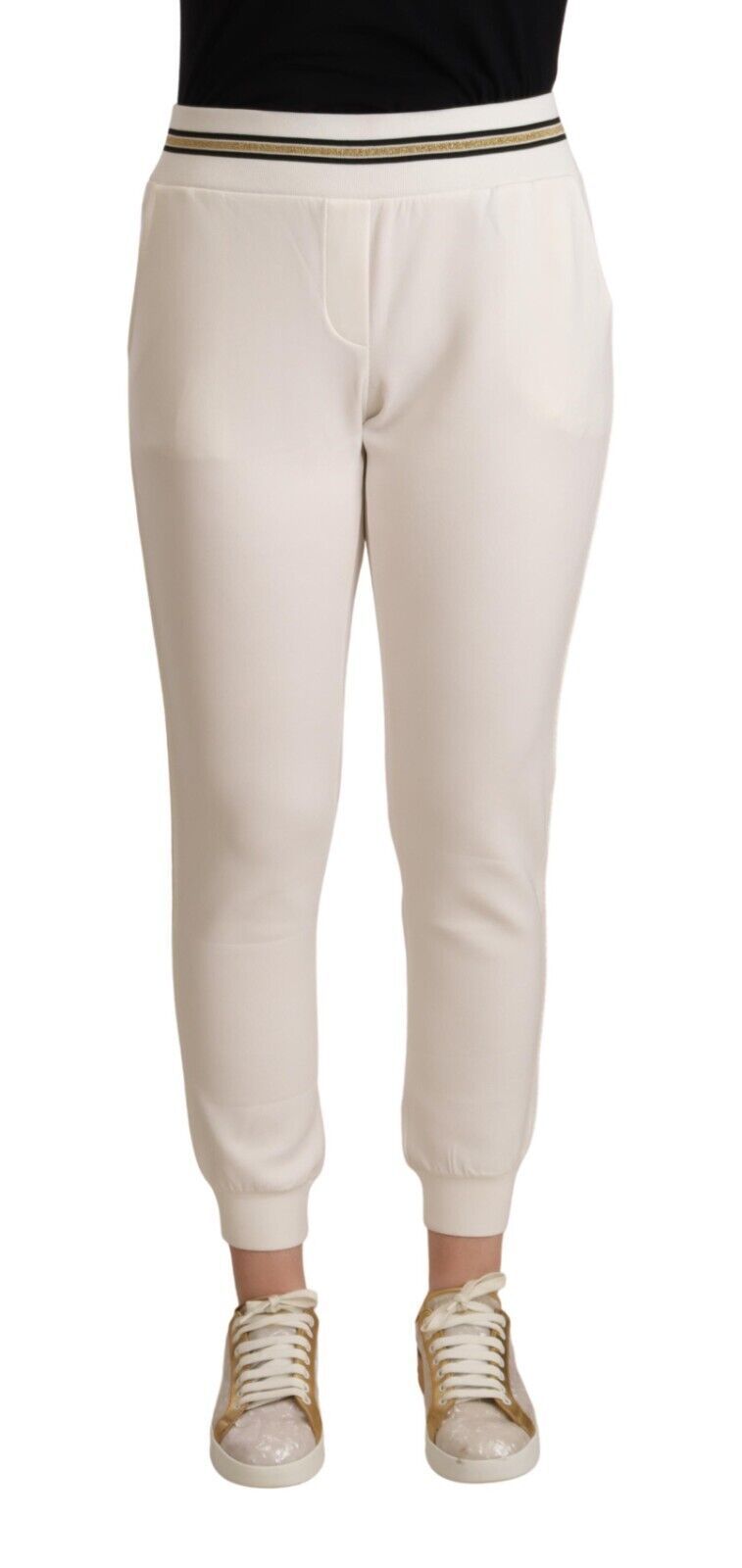 White Polyester Mid Waist Jogger Pants - ventzia