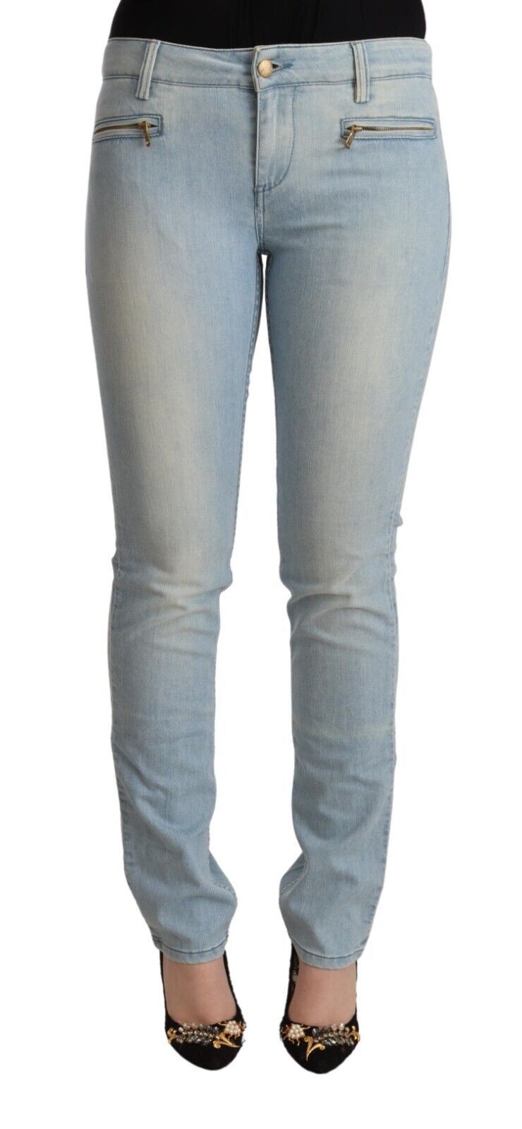 Light Blue Cotton Mid Waist Slim Fit Denim Jeans - ventzia