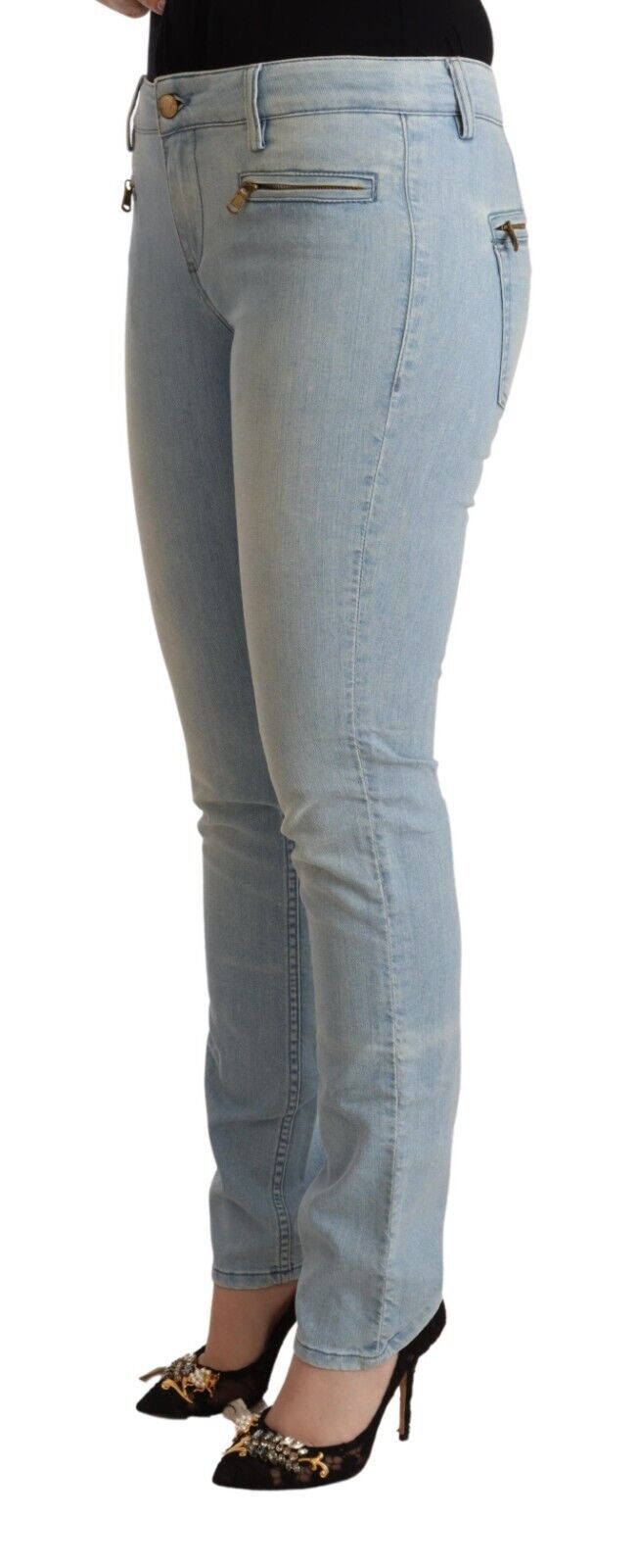 Light Blue Cotton Mid Waist Slim Fit Denim Jeans - ventzia