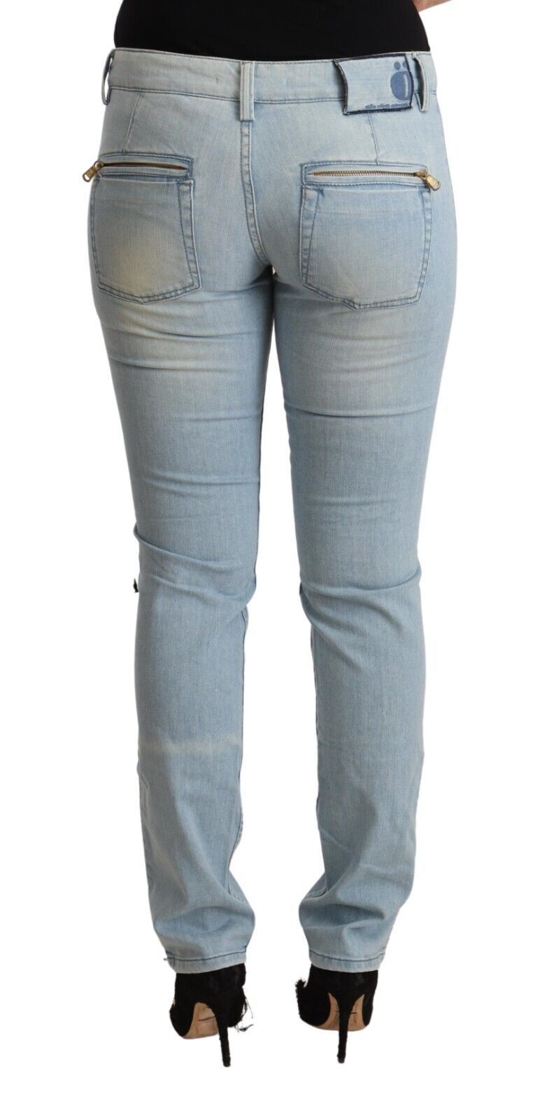 Light Blue Cotton Mid Waist Slim Fit Denim Jeans - ventzia