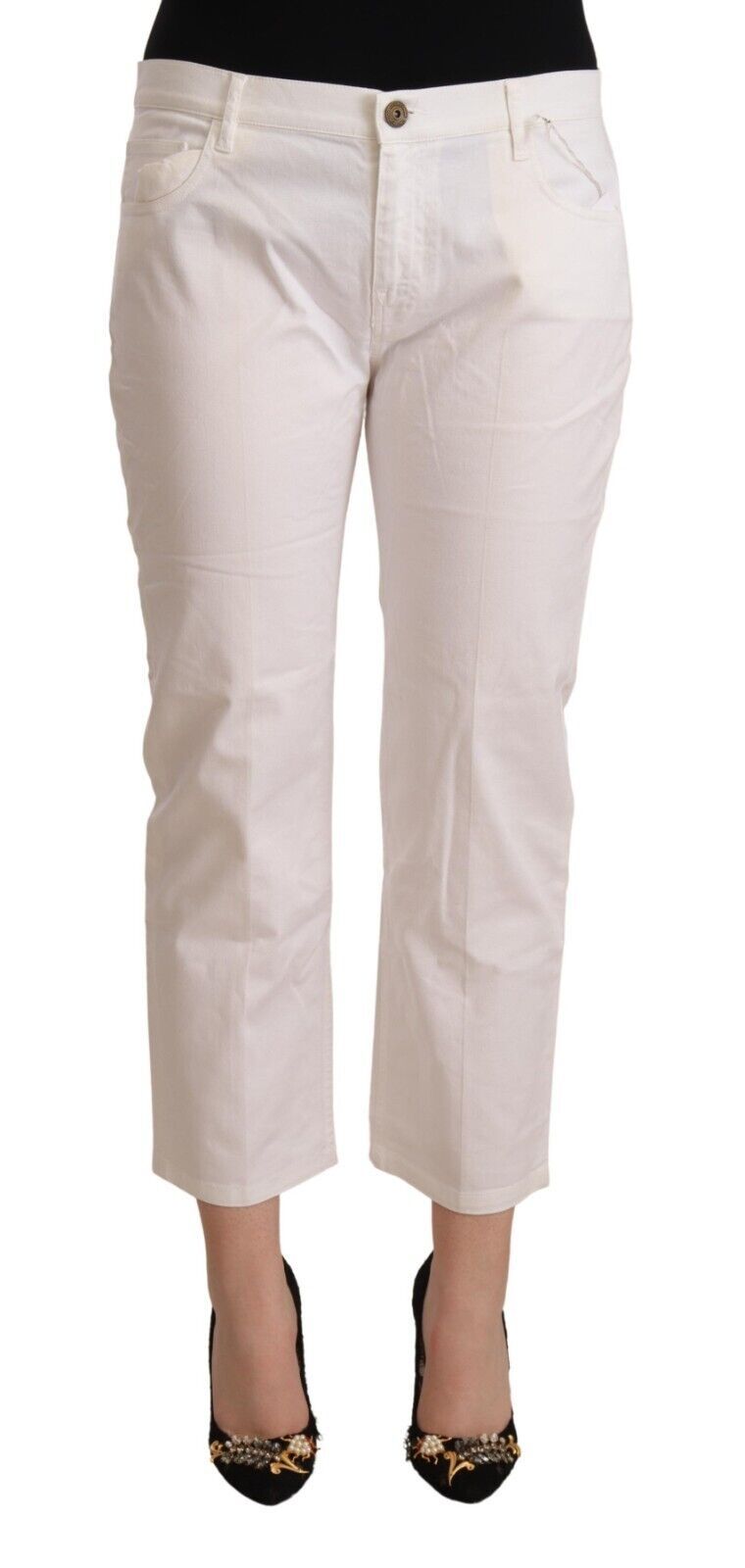White Cotton Mid Waist Cropped Denim Jeans - ventzia