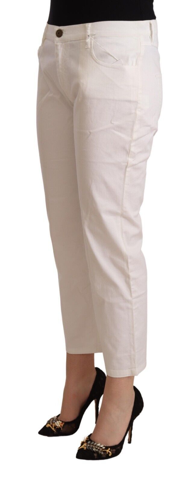 White Cotton Mid Waist Cropped Denim Jeans - ventzia