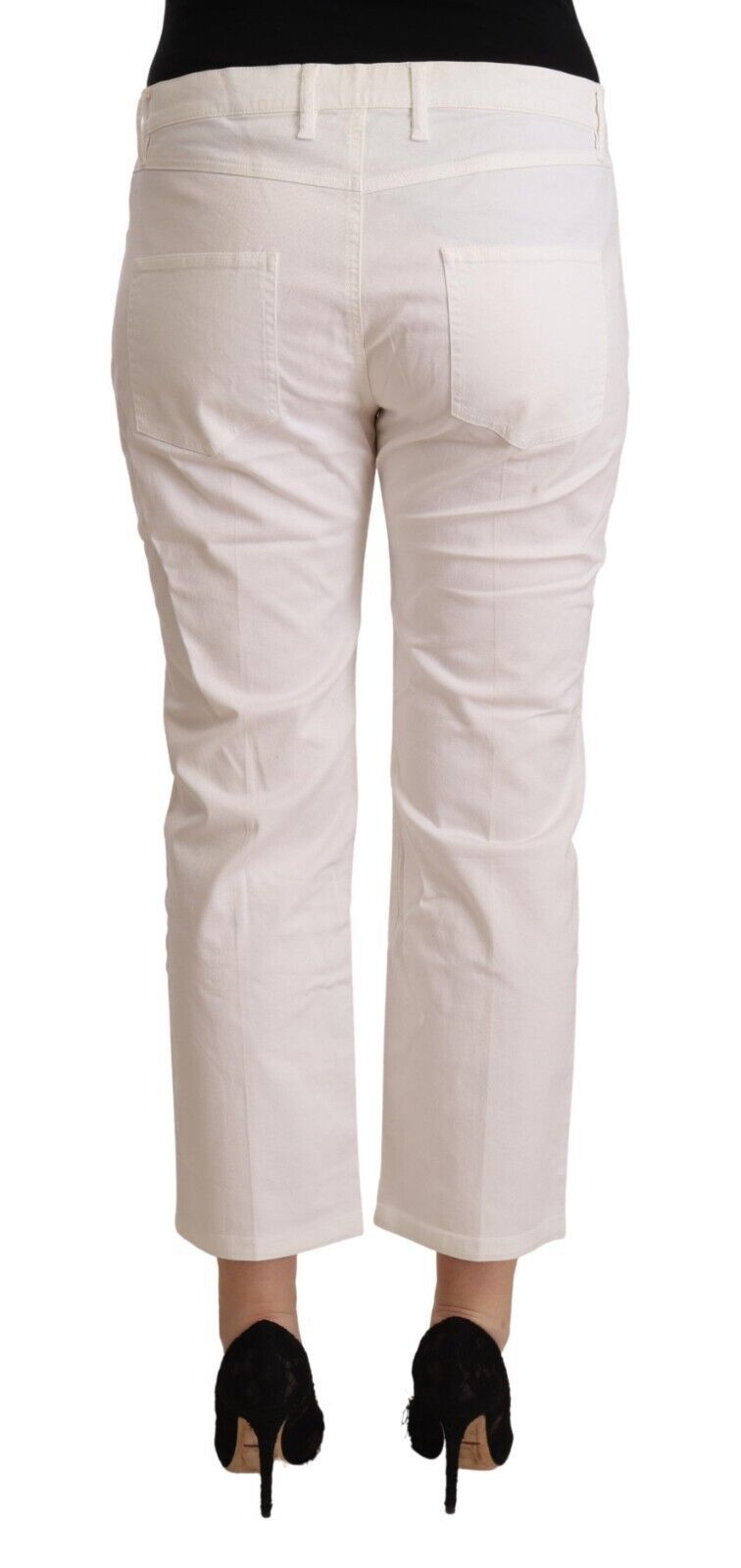 White Cotton Mid Waist Cropped Denim Jeans - ventzia