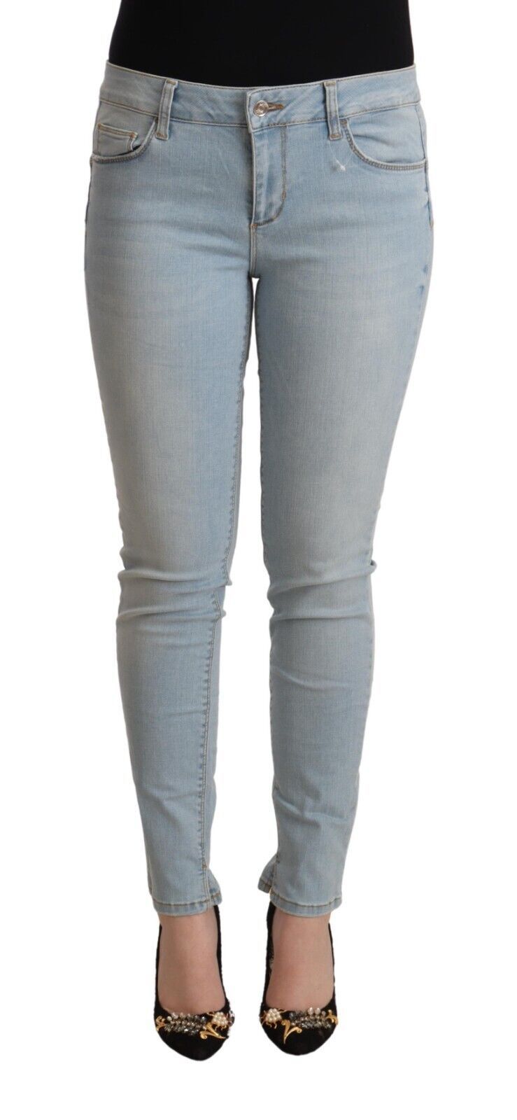 Light Blue Cotton Mid Waist Slim Fit Denim Jeans - ventzia