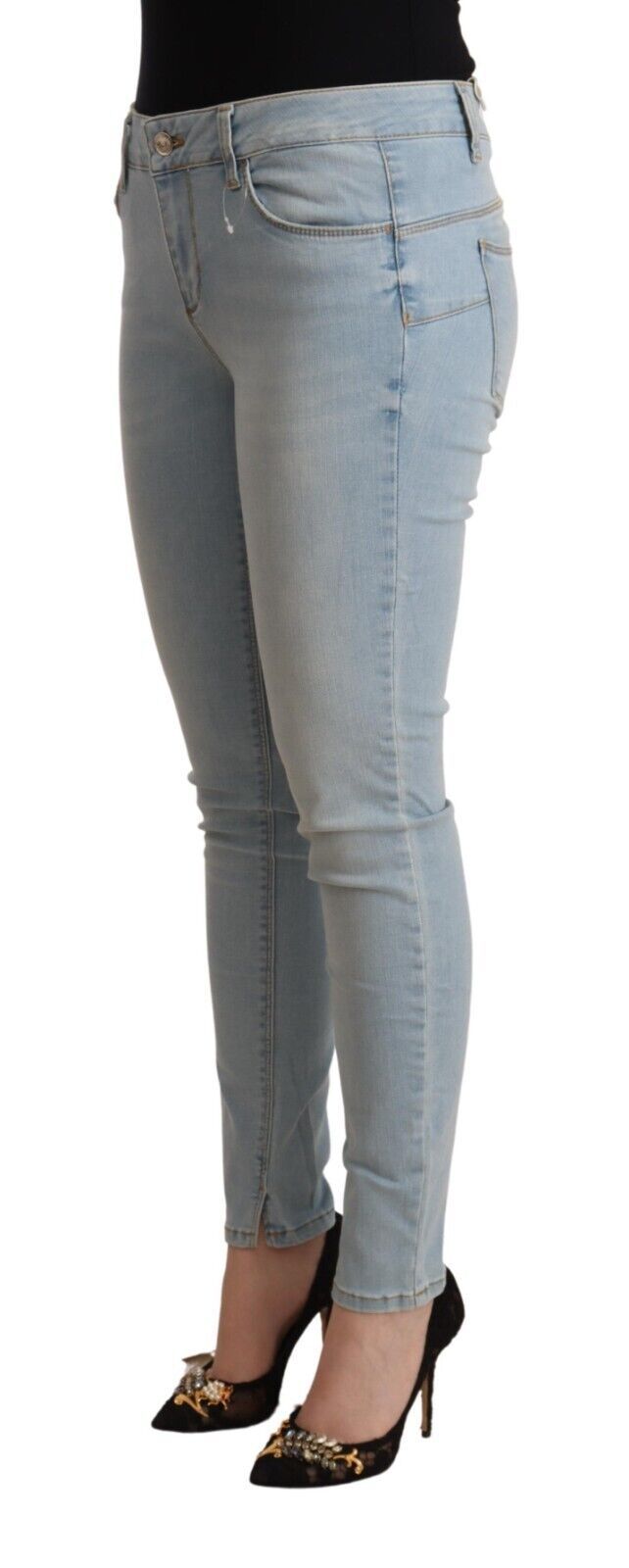 Light Blue Cotton Mid Waist Slim Fit Denim Jeans - ventzia