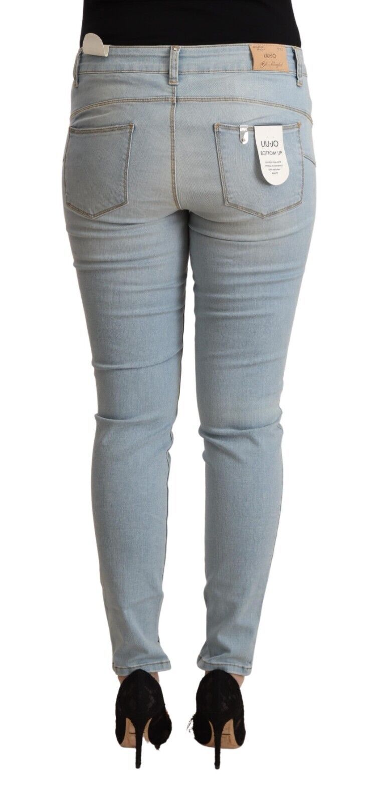 Light Blue Cotton Mid Waist Slim Fit Denim Jeans - ventzia