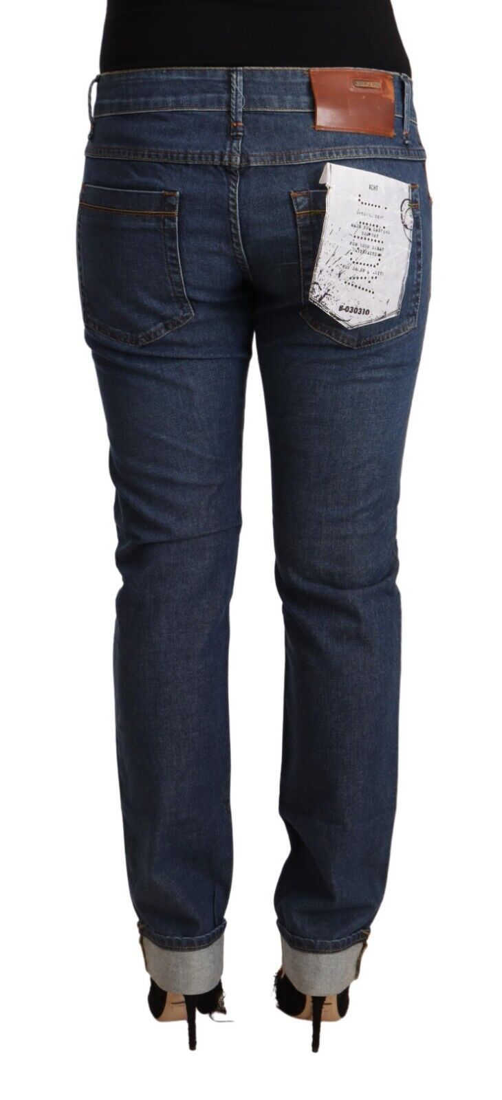 Dark Blue Cotton Slim Fit Folded Hem Denim Jeans - ventzia