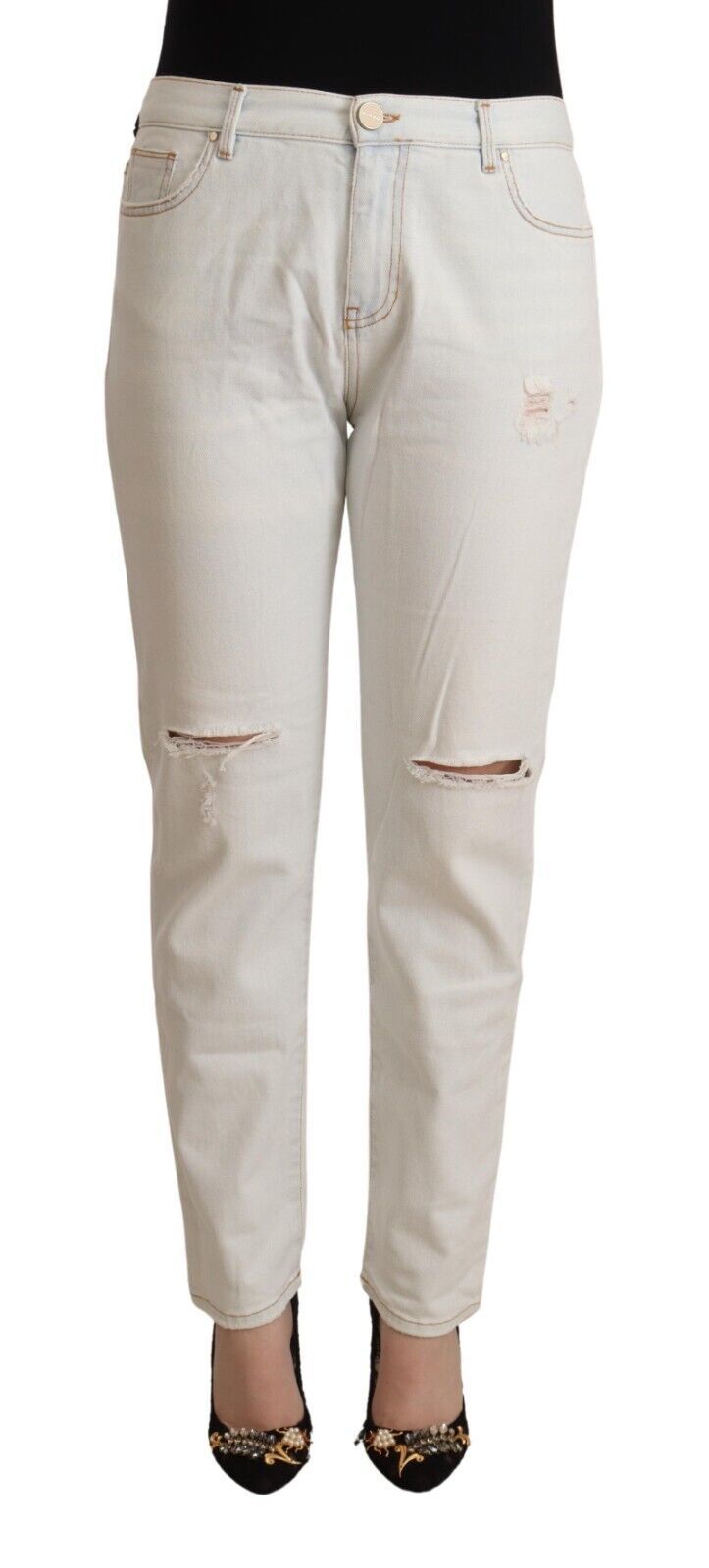 White Cotton Distressed Mid Waist Skinny Denim Jeans - ventzia